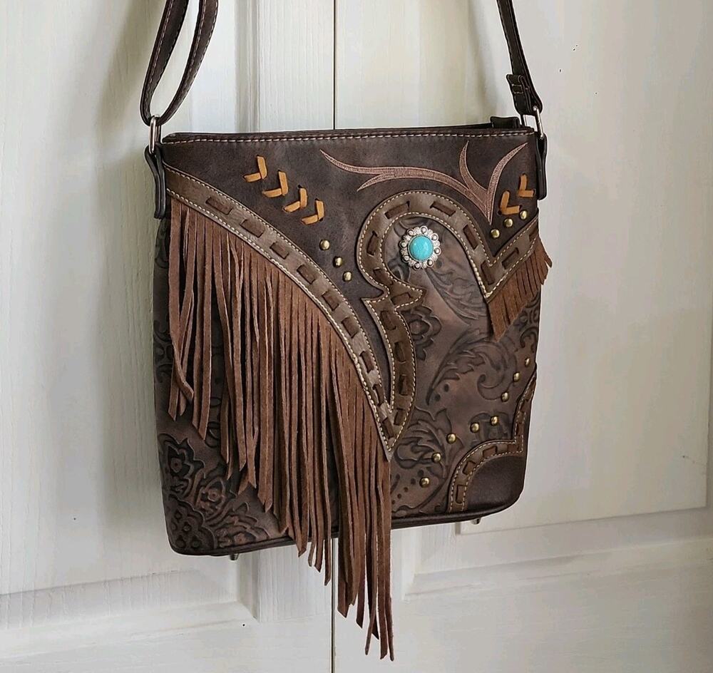 Western Cowgirl Purse Cross Body Bag Fringe Trim Turquoise Rodeo Festival NWOT